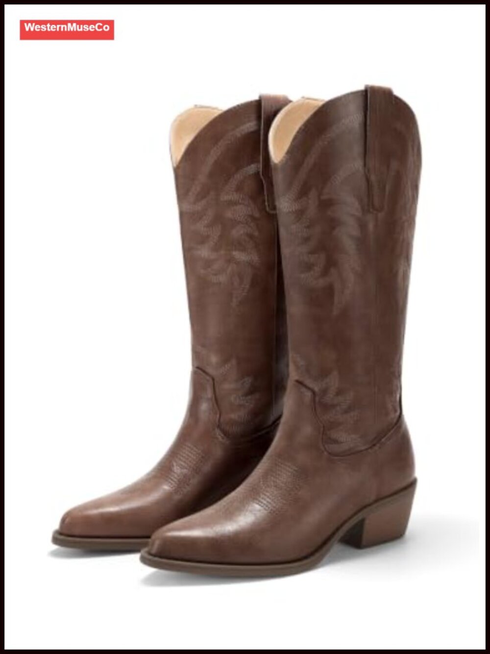 Faux Leather Embroidered Mid Calf Western Cowboy Boots Block Heel